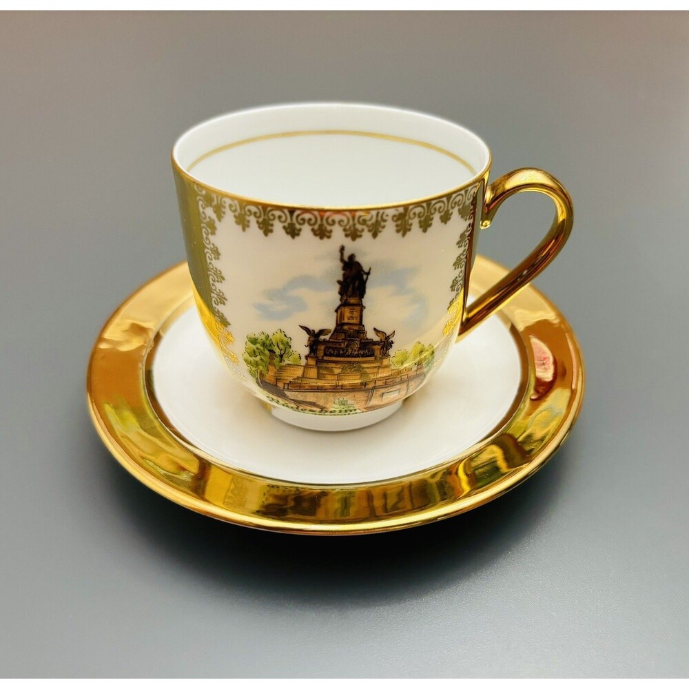 Vintage Arzberg Tea Cup Bavaria Germany Small Size Topographical Gold + Saucer